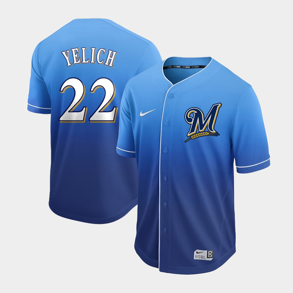Men's Milwaukee Brewers #22 Christian Yelich Blue Fade Stitched MLB Jersey